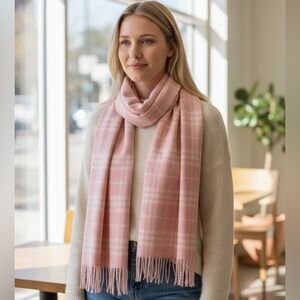Burberry Cashmere Pink & White Plaid Fringe Scarf